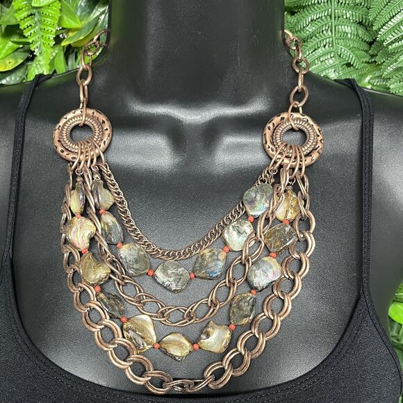 Necklace Women Fashion Copper Tone Layered MultiStrand Rock Charm Statement 2129 - Picture 5 of 8